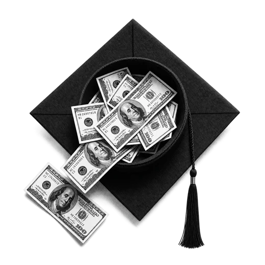 A graduation cap full of money